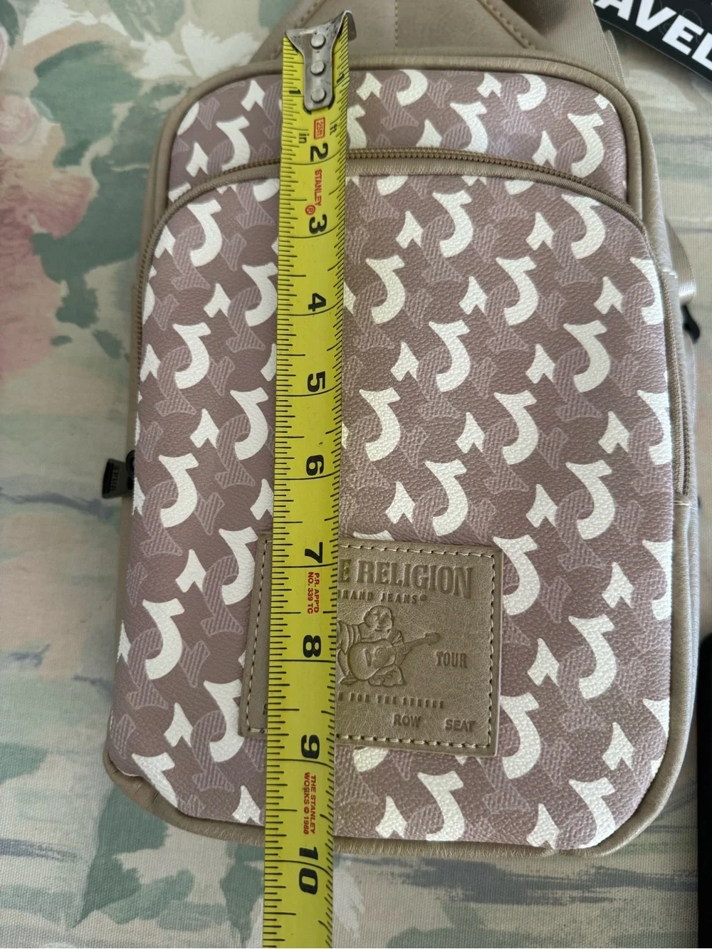 True Religion Monogram Sling Bag Crossbody Chest Pack Beige Taupe